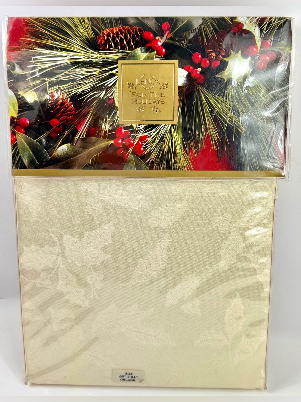 Lenox Holly Damask Ivory Christmas Tablecloth 60x84 NIP